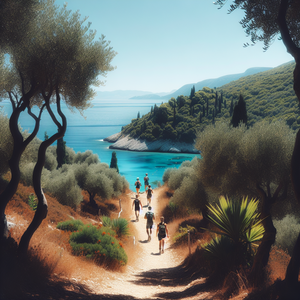 Vandringsled på Korfu med olivlundar, turkost hav i bakgrunden, vandrare i förgrunden, klar ljus sommardag