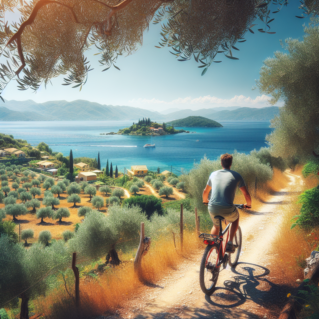 Cyklist på Korfu längs kustväg med olivlundar och blått hav i bakgrunden, soligt och panoramiskt, hög detaljrikedom