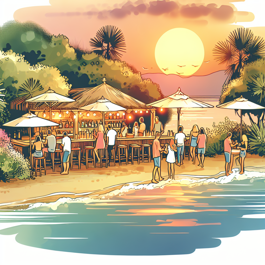 Solnedgång över en Corfu-strandbar, mjuka varma färger, människor som njuter av drinkar vid vattenkanten, grön vegetationen i bakgrunden, lugn och inbjudande atmosfär