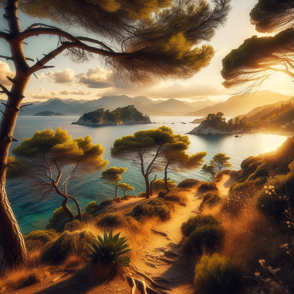 Lummig kuststig på Korfu med pinjeträd, havsutsikt och berg i bakgrunden i gyllene eftermiddagsljus